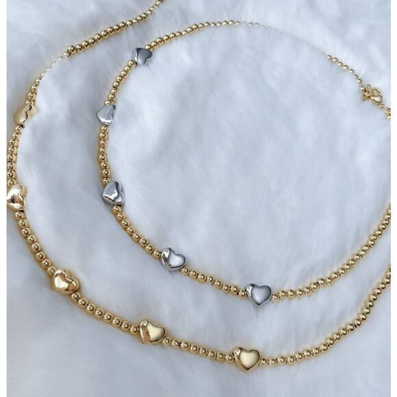 Gold Beaded Puffed Heart Saturn Necklace Choker - Picture 5 of 6